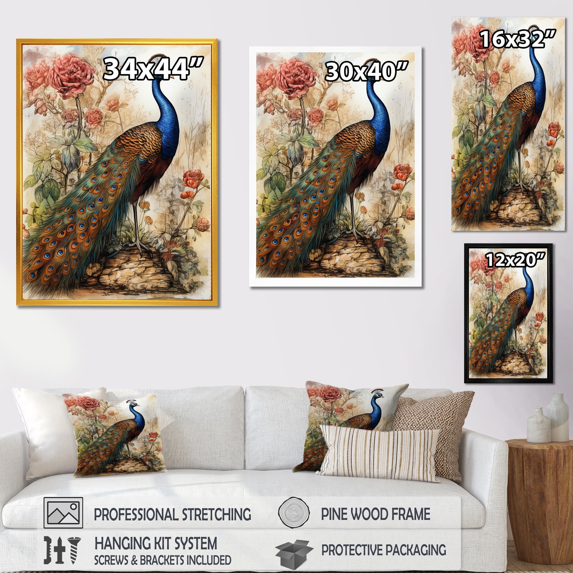 Designart "Vintage Illustration Of Glorious Peacock" Animals Peacock